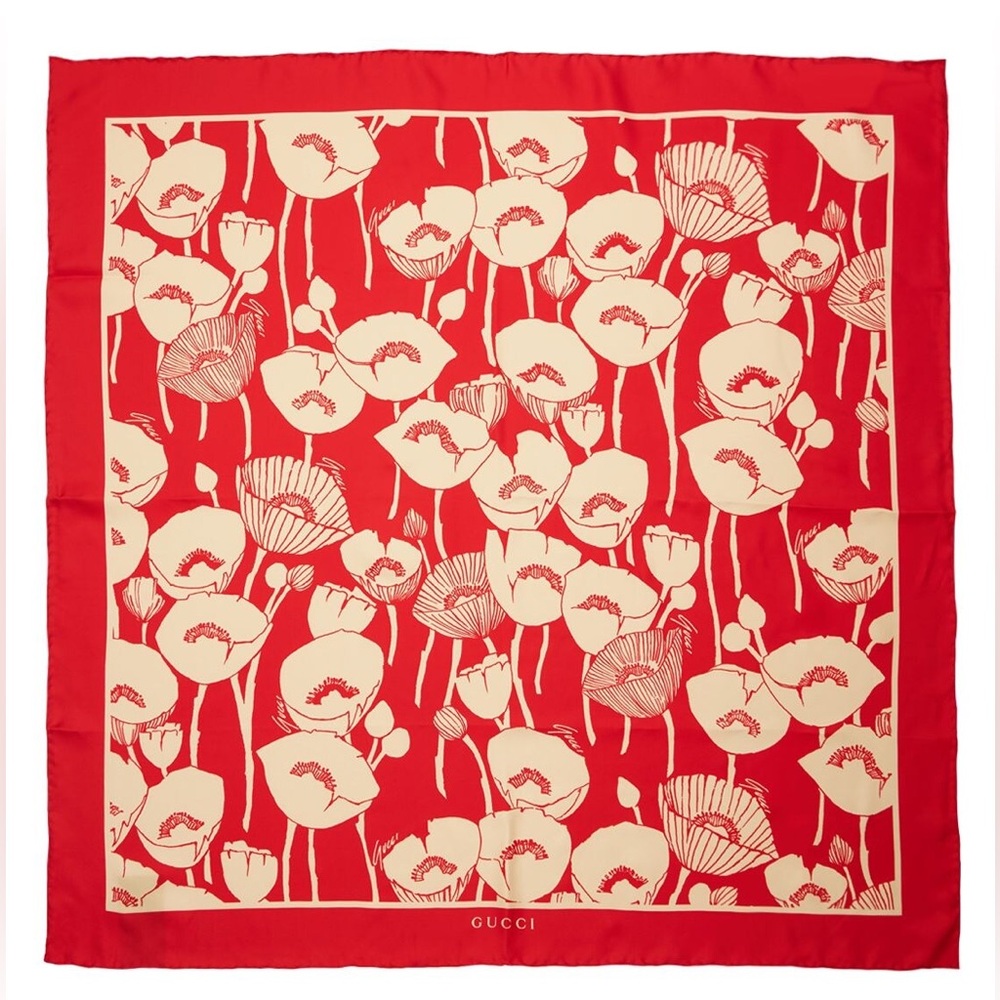 GUCCI silk graphic poppy scarf Flame/Ivory